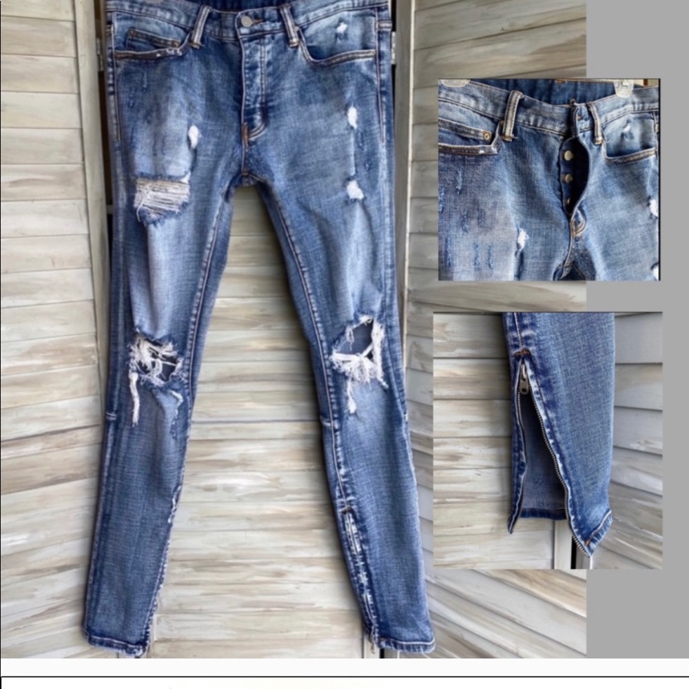 mnml button fly ankle zipper hem destroyed jeans